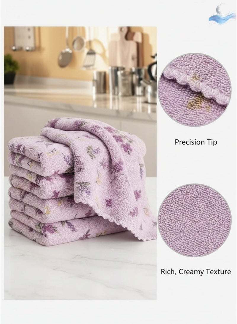 مناشف مطبخ من الصوف المرجاني بنسبة 100%، بنقشة زهور بنفسجية، مناشف أطباق ومناشف يد سميكة، فائقة النعومة وعالية الامتصاص ومقاومة للزيوت والبقع وسريعة الجفاف، 30 × 30 سم، عبوة من 4 قطع، (نقشة زهور بنفسجية) - Image 4